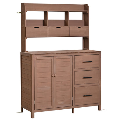 (With Assembly Video) TOPMAX Farmhouse Patio Potting Bench, 44.6''x19.5'' Large Freestanding Garden Workstation with 6 Drawers, Bottom Cabinet and Side Hook, Outdoor Kitchen Island, Brown image 11