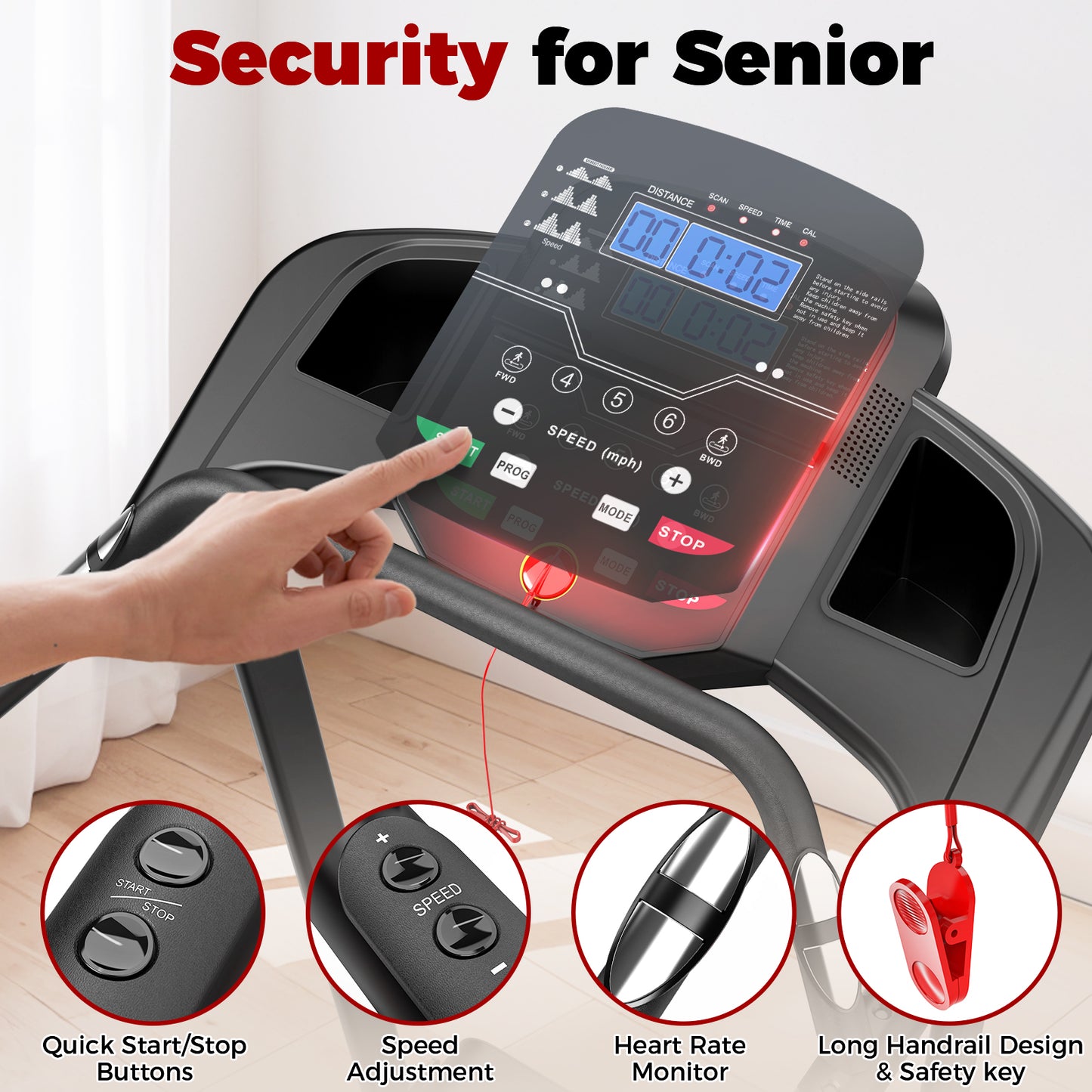 Walking Pad Treadmill for Senior, Foldable Exercise Treadmill with Stable and Safe Structural Design, Large LED Display for Elderly, Long Handrail for Balance, 300 Lbs Capacity image 8