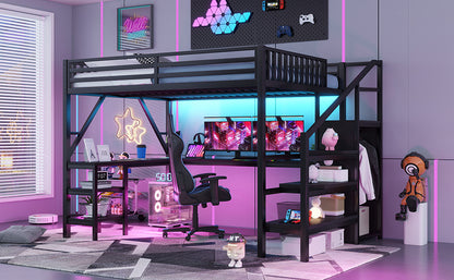 Metal Queen Loft Bed with Wardrobe and LED Light, Queen Size Loft Bed with L Shaped Desk and USB for Kids Teens Adults, Black(Old SKU W2593S00043,Expect Arrival Date 2026/3/7) image 8