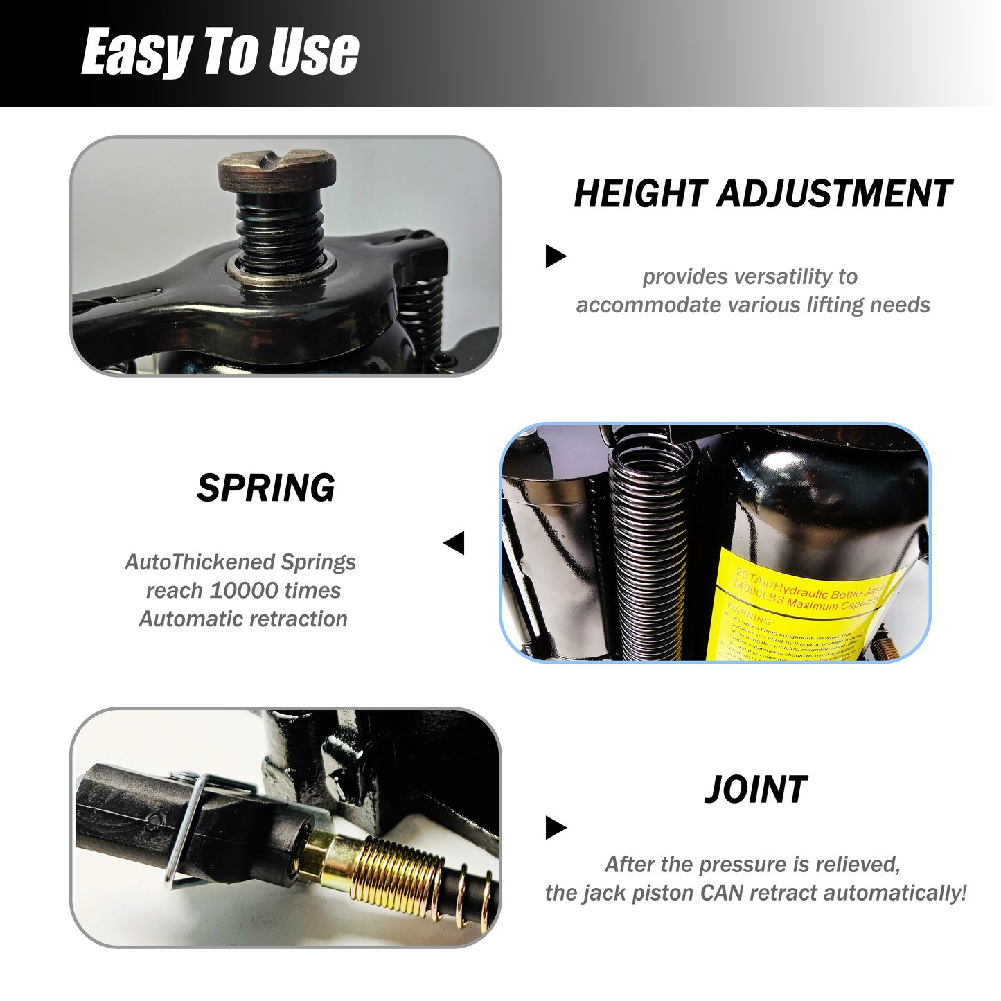 Air Hydraulic Bottle Jack, 20 Ton/40000 LBS Bottle Jack, 10.23-20.07 inch Lifting Range, Manual Handle and Air Pump, for Car, Pickup, Truck, RV, Auto Repair, Industrial Engineering image 11