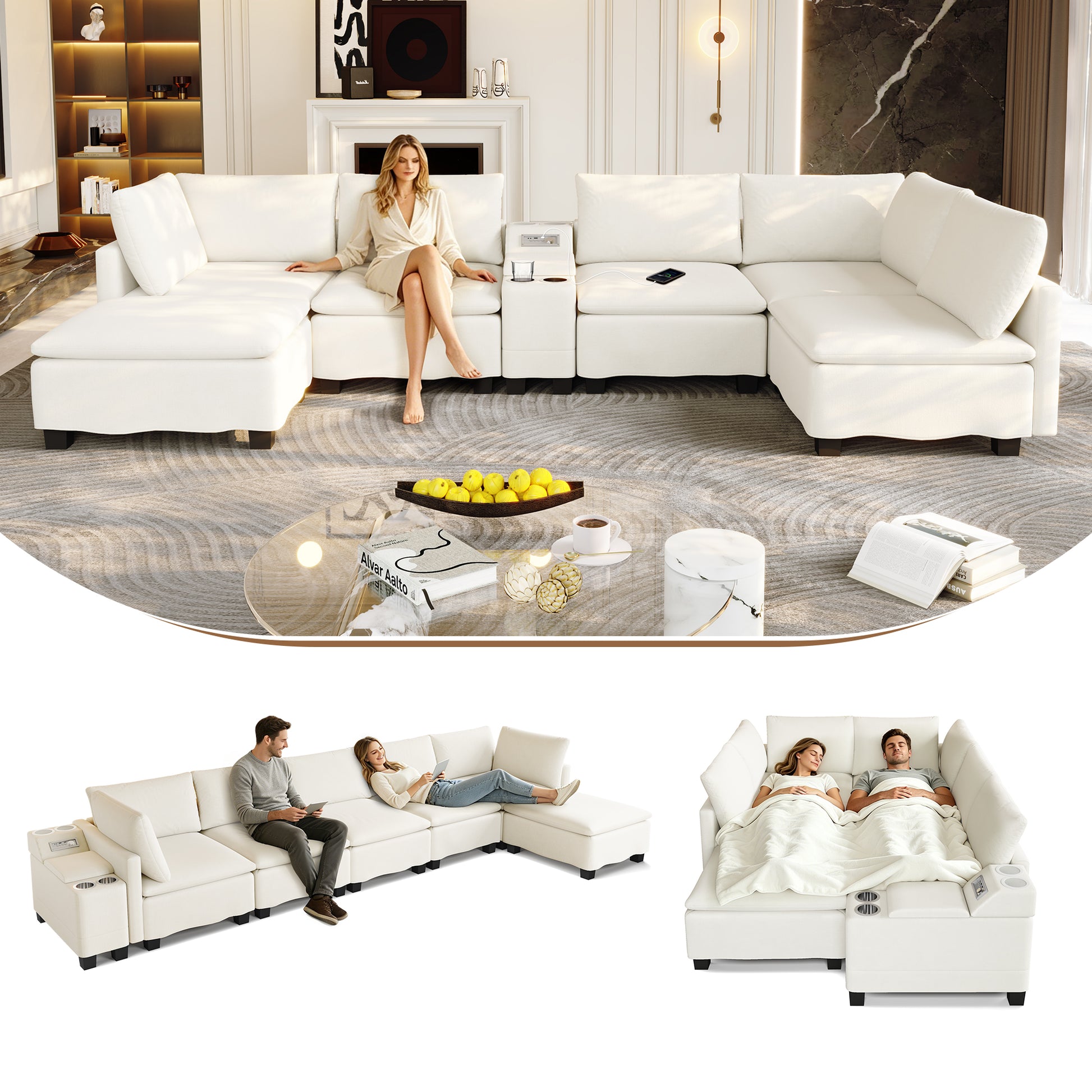 121.2" Modular U-Shaped Cloud Sectional Sofa with Movable Ottoman, Chenille Convertible Sofa Bed with Hidden Storage&USB Ports&Cup Holders&Bluetooth Speaker for Living Room, Apartments, Beige/White image 1