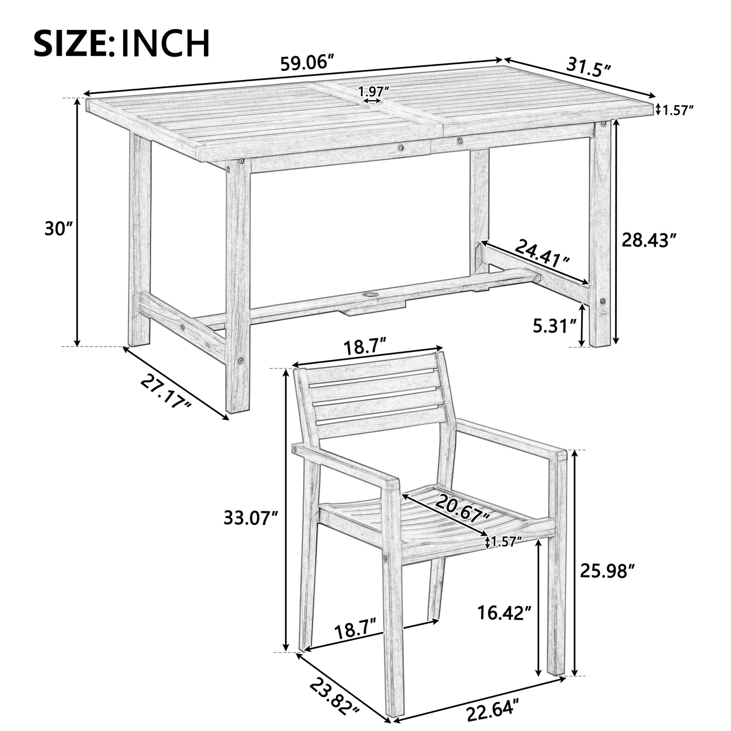 U_STYLE 5-Piece Outdoor Acacia Wood Outdoor Dining Set of 4,59.06-Inch Rectangular Table with Umbrella Hole,Suitable for Patio, Lawn, Garden, Poolside, & Indoor Use image 9