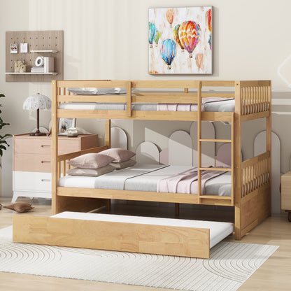 Full Over Full Rubber Wood Bunk Bed with Trundle, Ladder and Guardrails, Convertible to 2 Full Size Beds, with Twin Size Trundle,Natural (Old Sku W504S00180) image 11
