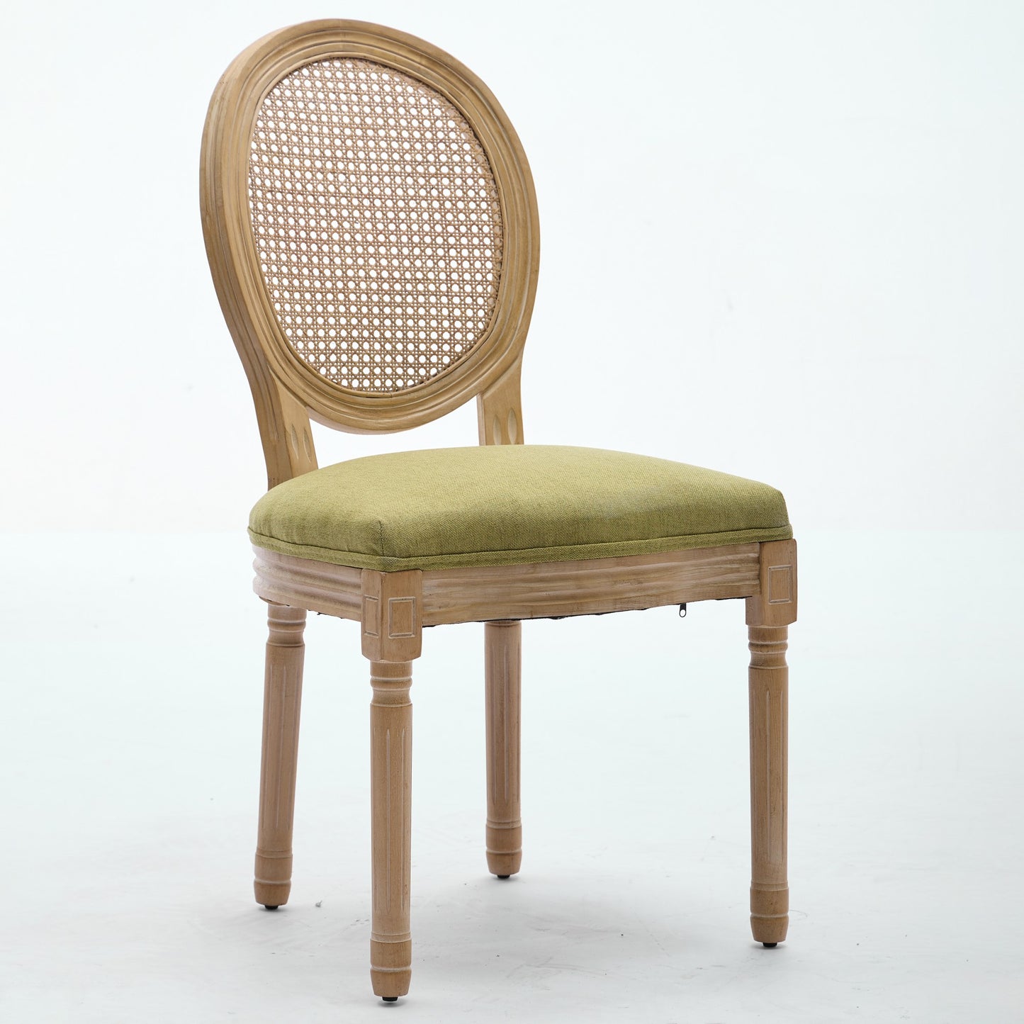 A&A Furniture,French Style Solid Wood Frame Antique Painting Linen Fabric Rattan Back Dining Chair,Set of 2,Olive-Green image 3
