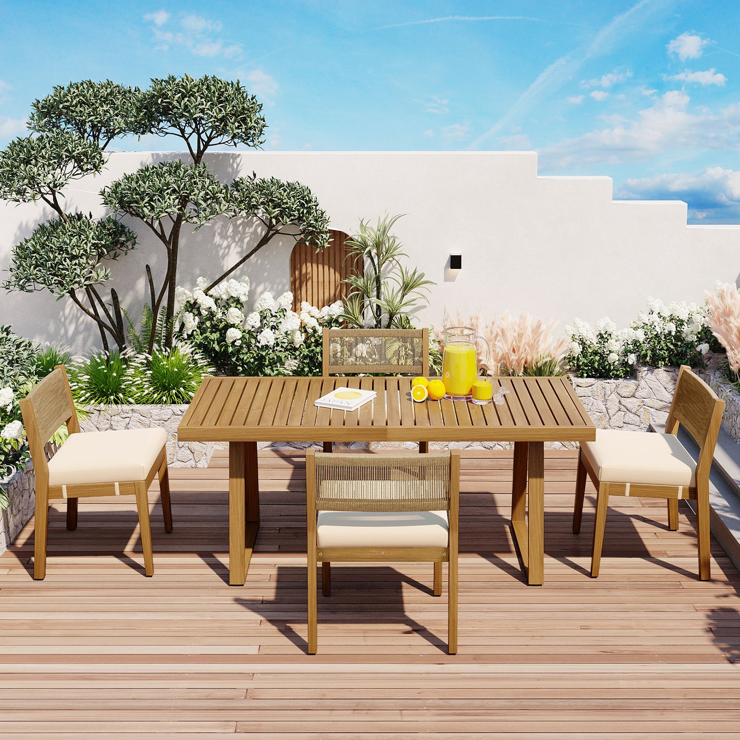 U_Style Multi-person Outdoor Acacia Wood Dining Table and Chair Set, Thick Cushions, Suitable for Balcony, Vourtyard, and Garden. image 3