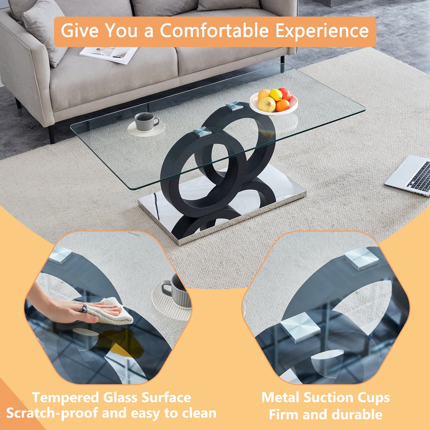Modern Style Glass Top MDF Coffee Table with Black Base, Suitable for Living Rooms and Lounge Areas, with Product Dimensions of 47.2*25.6*17.8Inches. image 6