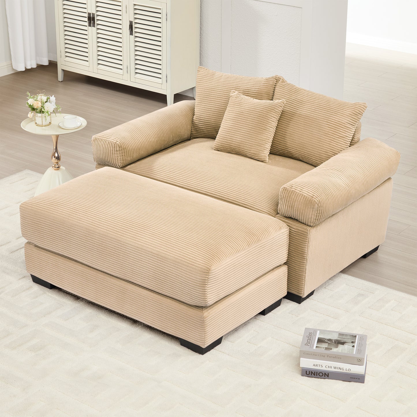 54.3" Oversized Cloud Modular Sectional Couch, Corduroy Fabric Extra-Thick Armrests, Throw Pillows Ottoman, Chaise Lounge Design Ergonomic Design, Easy Assembly Fits Living Rooms Bedrooms,Camel image 1