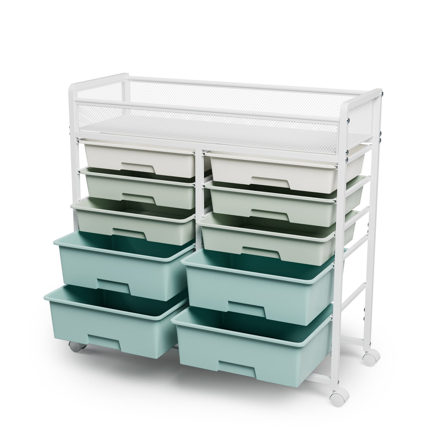 White Large Capacity 2-Row 10-Drawer Rolling Storage Cart, Metal Mesh Top Utility Organizer with Wheels, Multi-Layer Plastic Drawers for Kitchen, Bathroom, Bedroom, Office image 8
