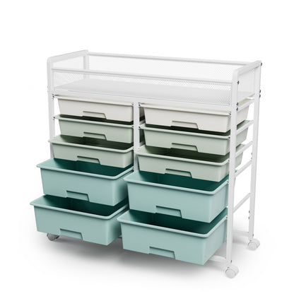 White Large Capacity 2-Row 10-Drawer Rolling Storage Cart, Metal Mesh Top Utility Organizer with Wheels, Multi-Layer Plastic Drawers for Kitchen, Bathroom, Bedroom, Office image 8