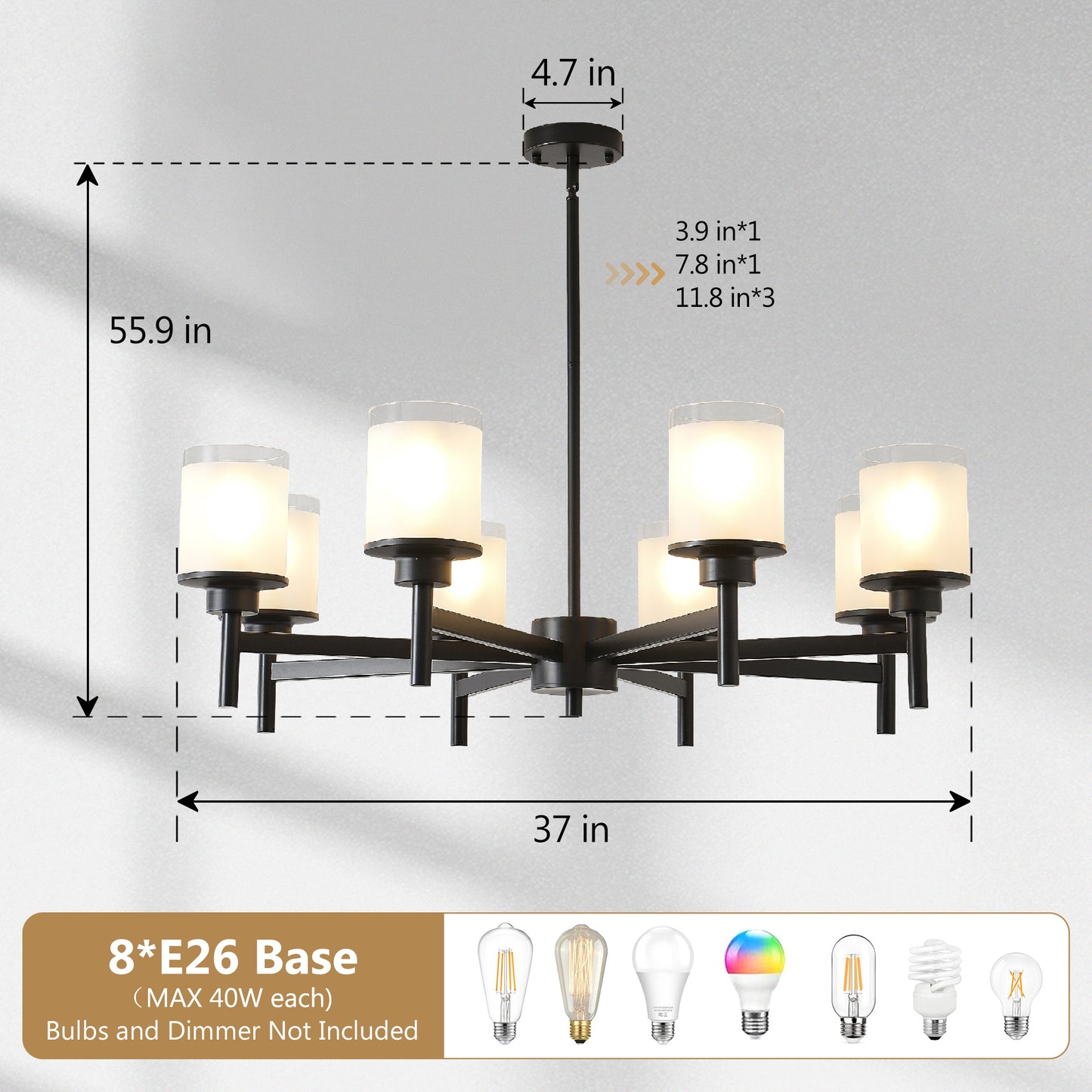 8-Light Frosted Glass Farmhouse Chandelier, Black Metal Chandeliers Light Fixtures Industrial for High Ceiling Living Dining Room Foyer. Adjustable Height--E26 (NO Included Bulb) image 10