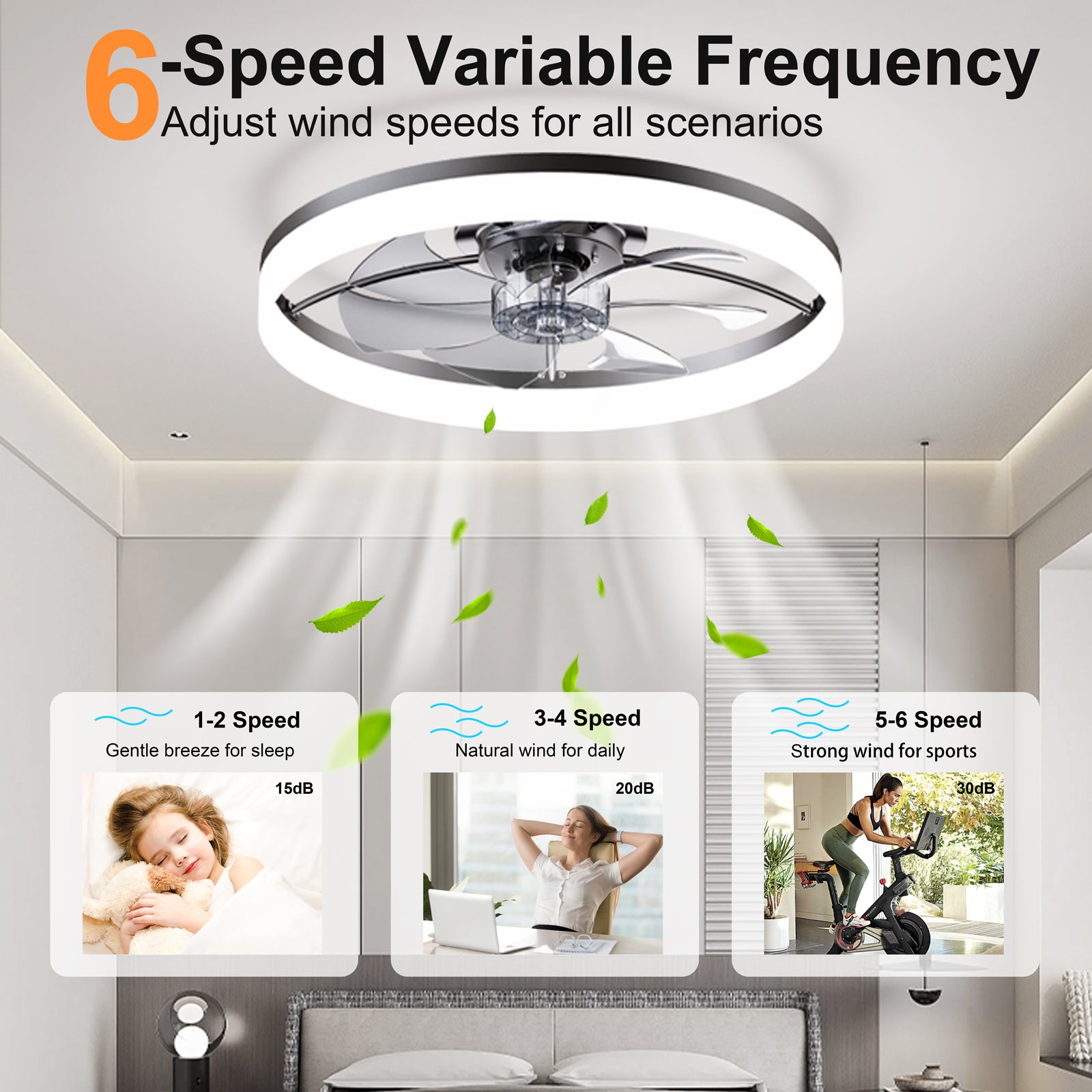 Ultra-Thin BLACK Ceiling Fan Light with Remote & App Control – 23.6'' Modern Flush Mount Fan Lamp, 6 Fan Speeds, Dimmable Brightness, 3000K-6500K Color Temperature for bedroom living room image 5