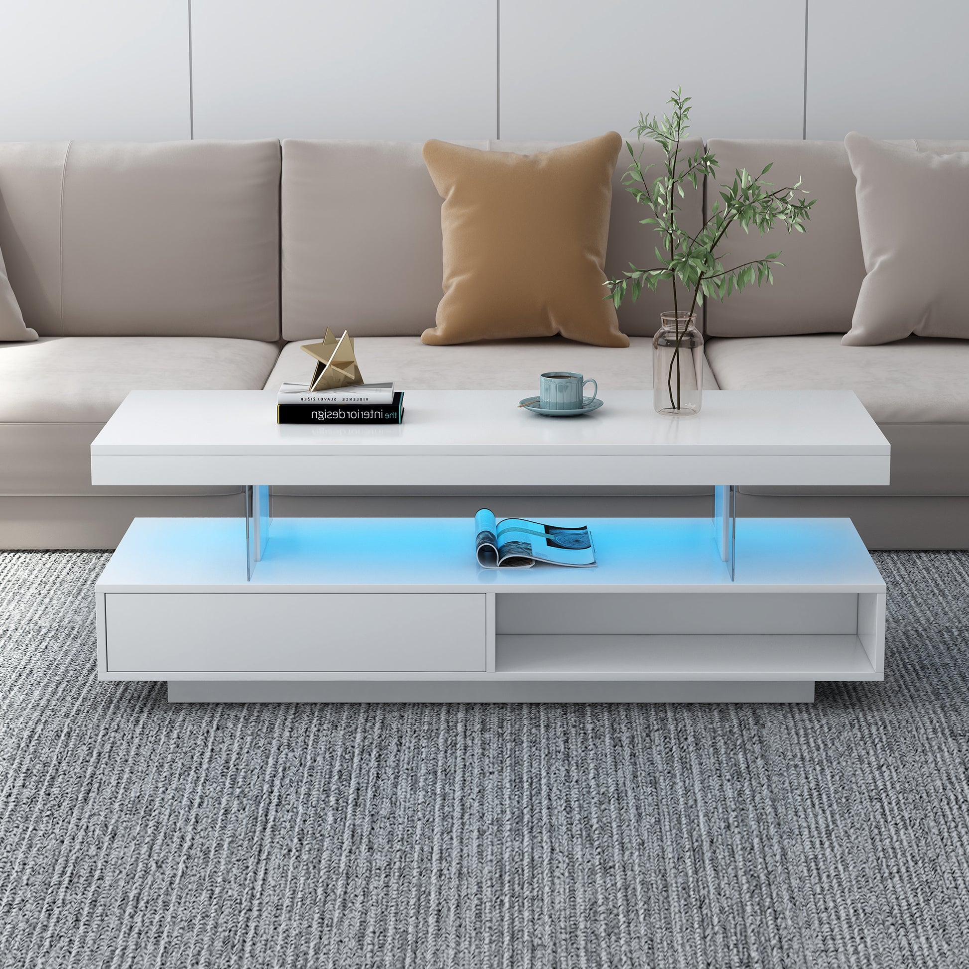 VIBE HAUS LED Coffee Table with Storage, Modern Center Table with 2 Drawers and Display Shelves, Accent Furniture with LED Lights for Living Room,White image 2