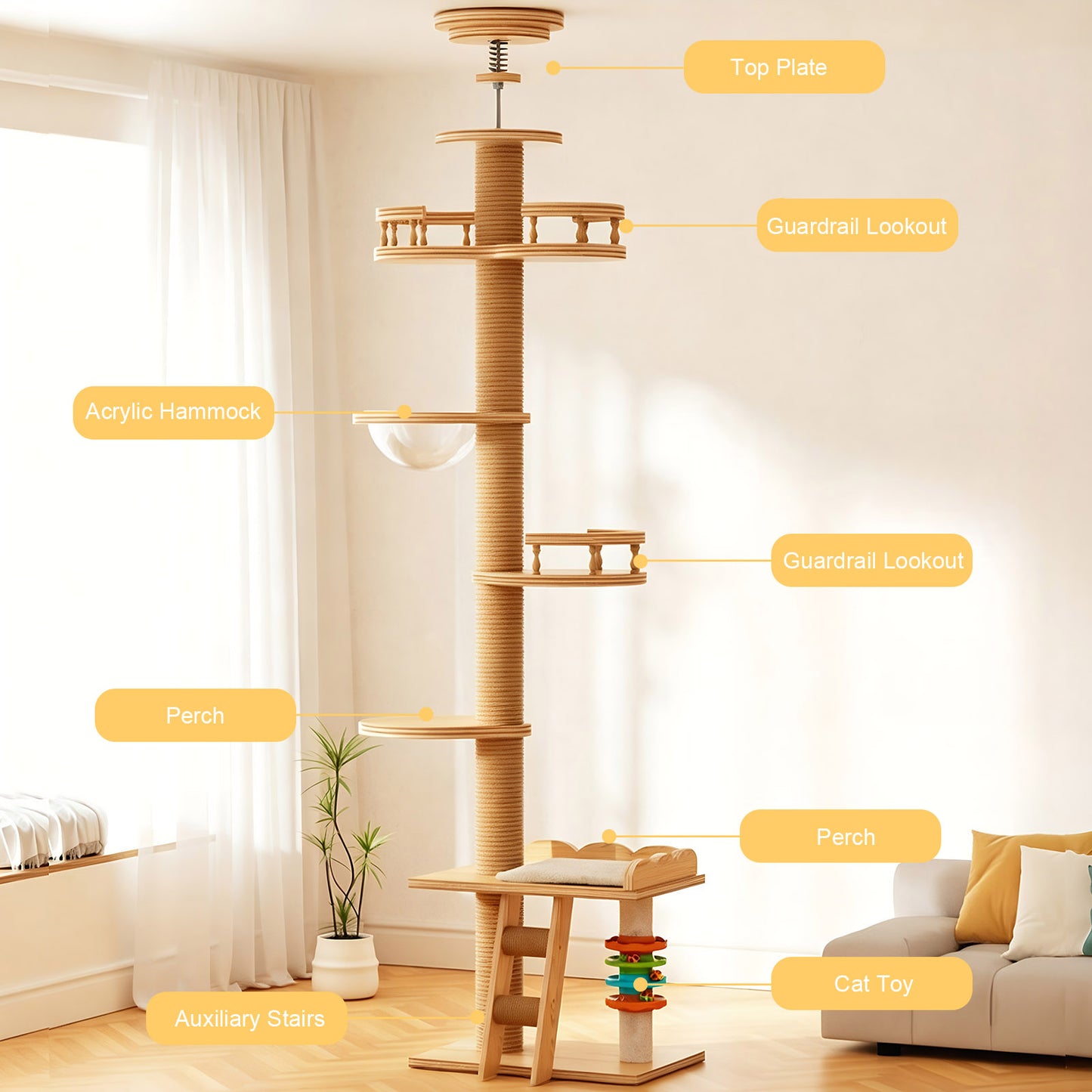 Adjustable Height Floor-to-Ceiling Cat Tree Made of MDF Board, Tall Cat Tower with Sisal Scratching Post, Bubble Window Perch, Ladder & Rotatable Toy Balls for Indoor Cats image 2