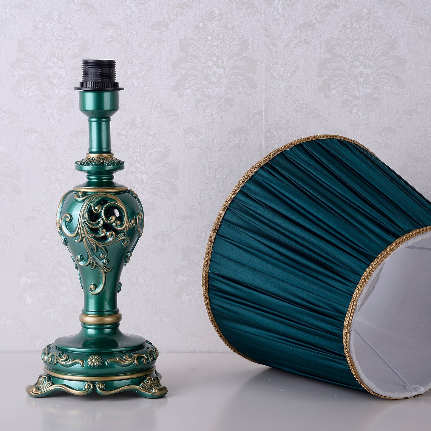 Farmhouse Table Lamps for Living Room Bedroom, Vintage Table Lamp with Nightlight (BULB INCLUDED), Dark Green Hollow Out Resin Lamp for End Table image 5