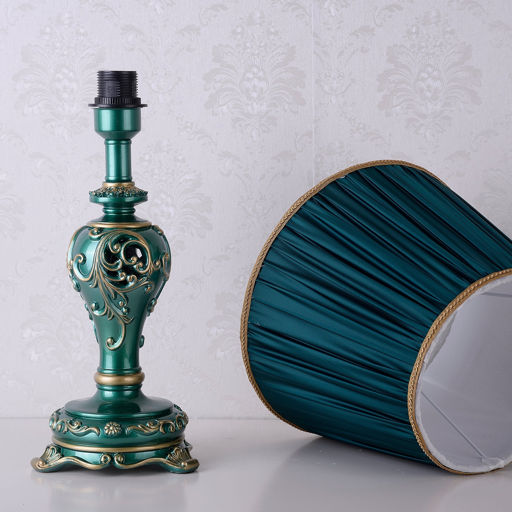 Farmhouse Table Lamps for Living Room Bedroom, Vintage Table Lamp with Nightlight (BULB INCLUDED), Dark Green Hollow Out Resin Lamp for End Table image 5