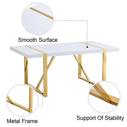 Industrial rectangular MDF material white dining table, equipped with a 2.3-inch thick tabletop and golden metal legs, used for writing desks, restaurants, and living rooms71"*39.3"*30" image 5