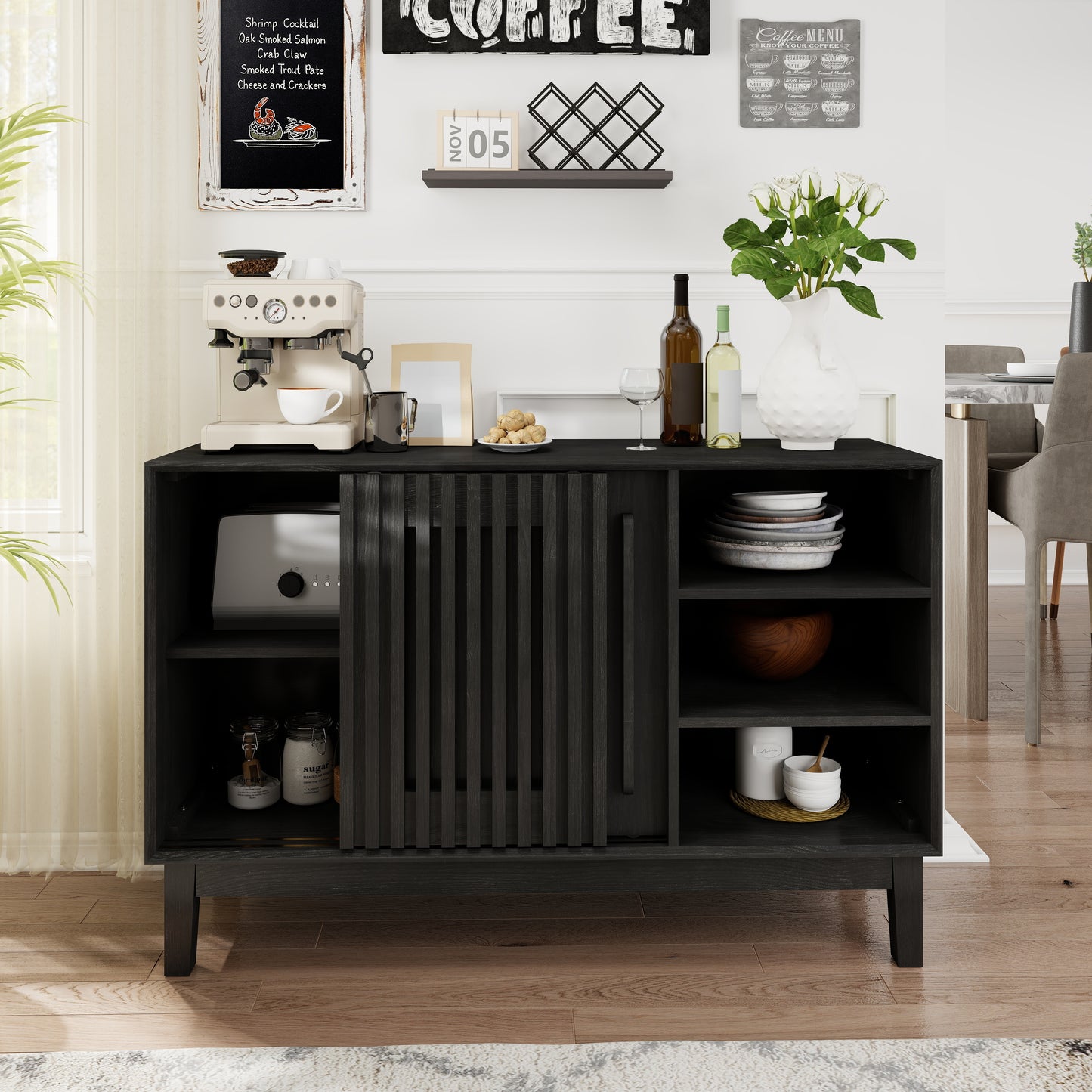 47.3" Sideboard Buffet Cabinet with Storage, Farmhouse Fluted Sideboard with 2 Doors & Solid Wood Feet, TV Media Console, Storage Cabinet for Kitchen Dining Living Room Entryway Hallway, Black image 3