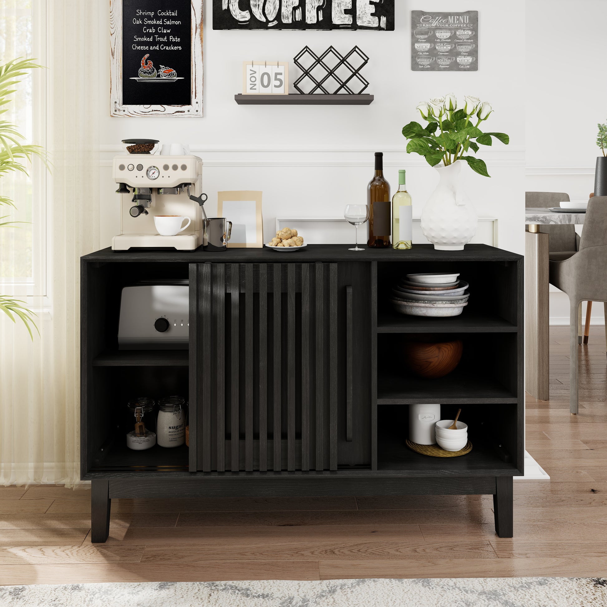 47.3" Sideboard Buffet Cabinet with Storage, Farmhouse Fluted Sideboard with 2 Doors & Solid Wood Feet, TV Media Console, Storage Cabinet for Kitchen Dining Living Room Entryway Hallway, Black image 3