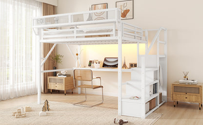 Queen Loft Bed with Desk and Charging Station, Queen Size Metal Loft Bed with Stairs and Light for Kids Teens,White(Old SKU W2580S00033) image 9