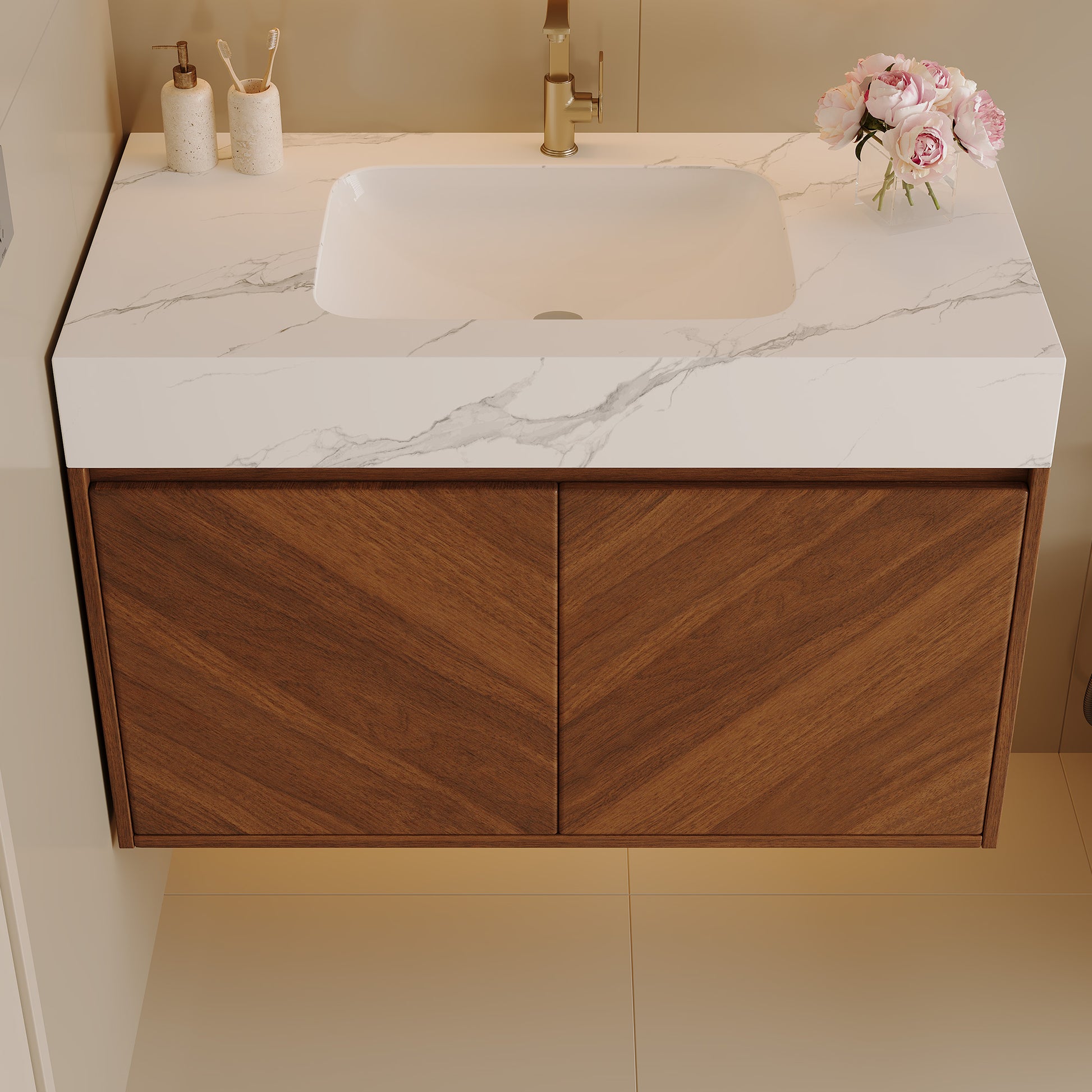 30" Modern Wall-Mounted Bathroom Vanity with Ceramic Sink – Brown Oak, Soft-Close image 4
