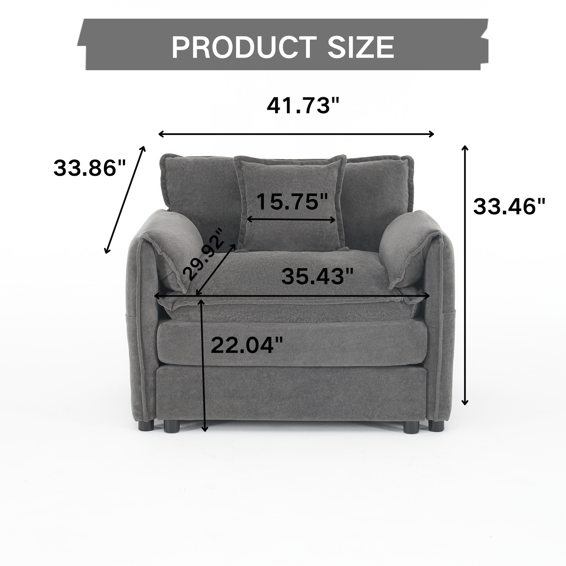 Oversized 41.73" Sofa Chair, Modern Upholstered Armchair with 1 Toss Pillow, Modular Sectional Sofa for Living Room, Deep Seat Reading Sofa for Bedroom Apartment, DIY Combination Chenille,Grey image 3