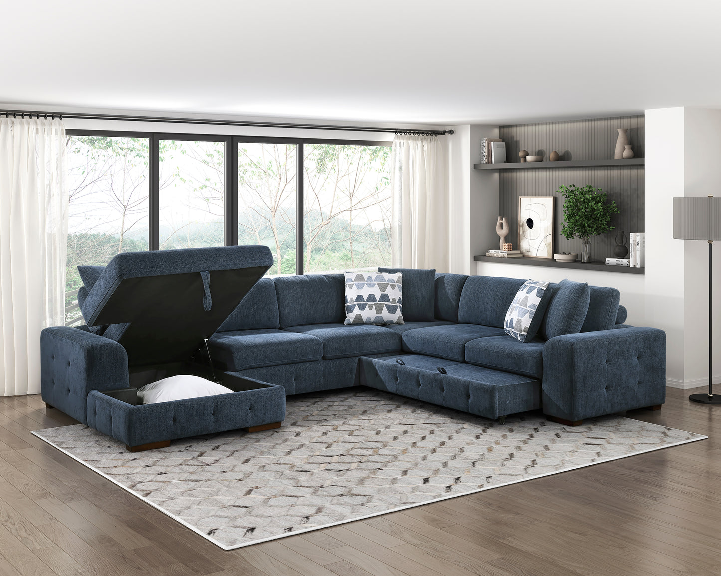 Modern Blue One Arm 2-Seater Sofa with Pull-out Bed Right Side Tufted Chenille Fabric Upholstery Solid Wood Living Room Furniture 1pc image 11