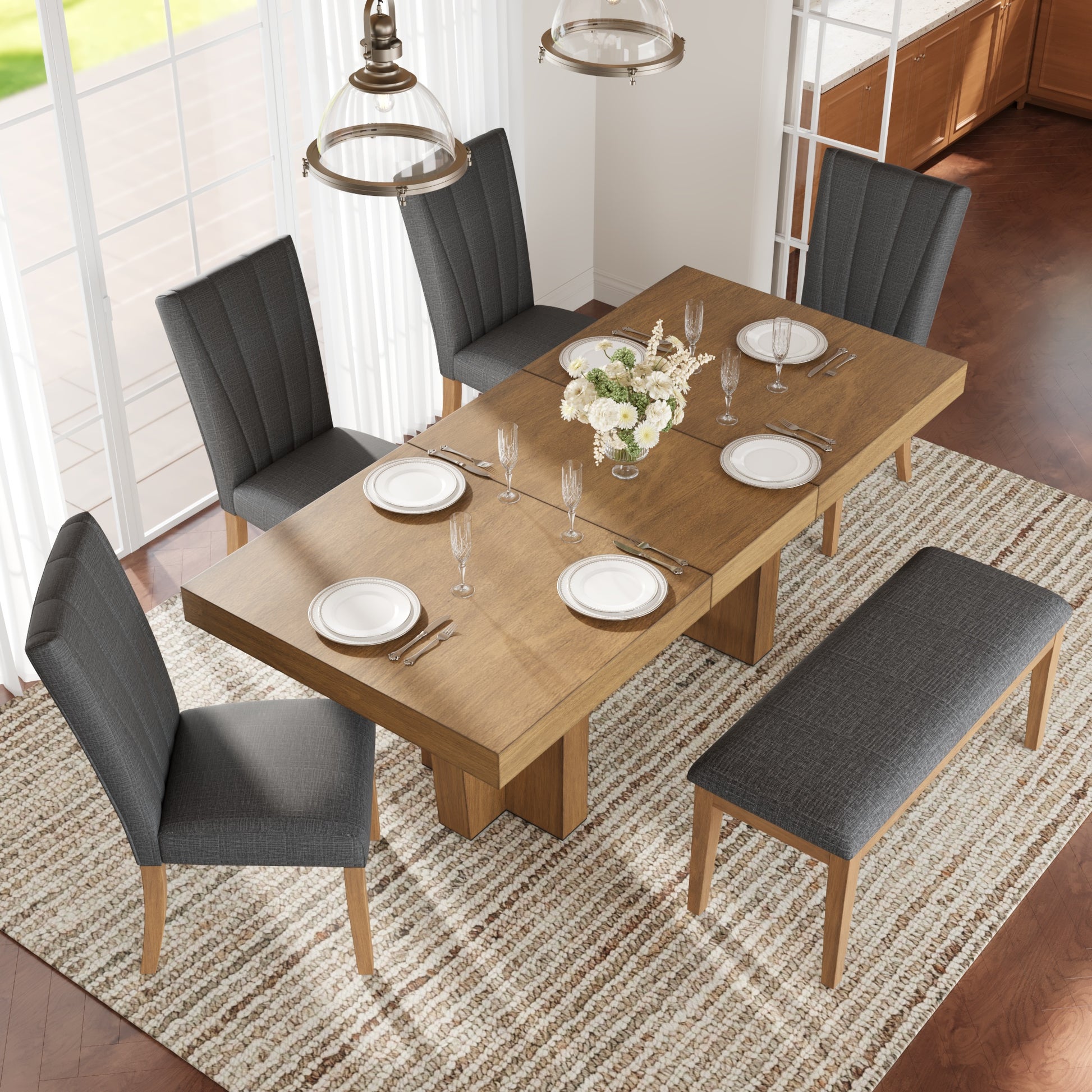 TOPMAX Farmhouse 78.1inch Extendable Wood Dining Table Set for 6, Kitchen Table Set with Bench and 4 Upholstered Chairs,3.8inch Thick Tabletop and Trestle Legs for Kitchen, Dining Room, Brown+Gray image 6