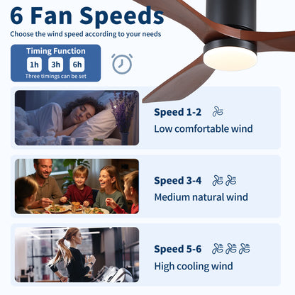 52 inch Mordern Matte Black Farmhouse Retro Solid Wood Low Profile Flush Mount Intergrated LED Ceiling Fan with Light image 10