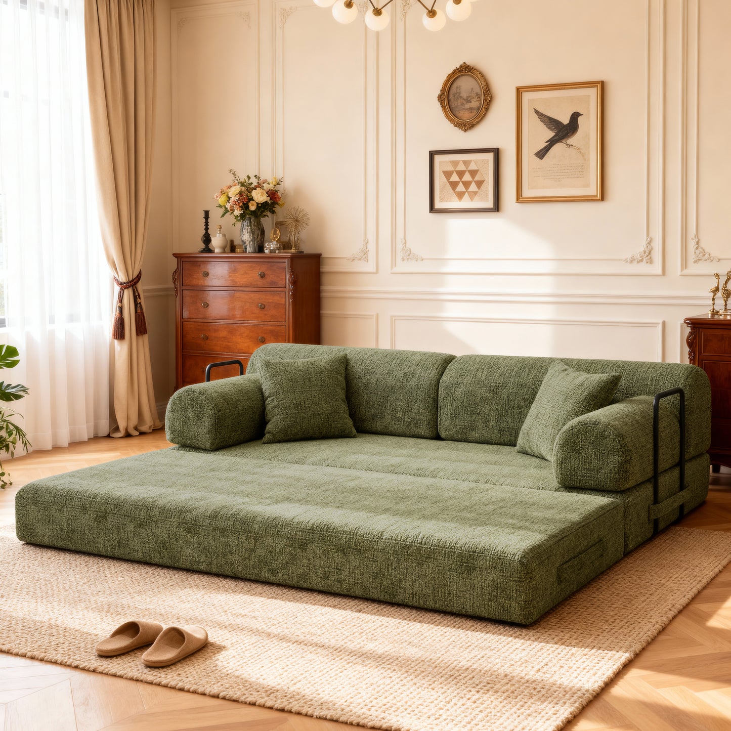 Convertible Sleeper Sofa Bed,two-tone blended fabric Folding Mattress Couch with Fixed-Shape Frame, Floor Sofa Lounge Couch for Living Room Bedroom(Moss Green) image 3