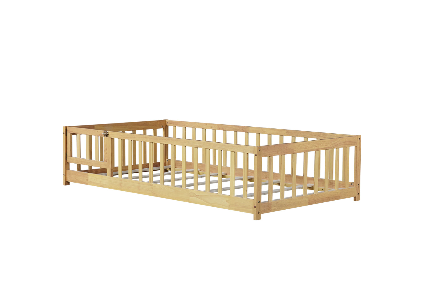 Twin Size Floor Bed with Fence and Door,Rubber Wood Floor Bed with Safety Guardrails,Natural (Old Sku W504P296778) image 11