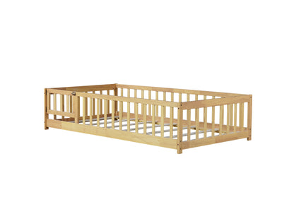 Twin Size Floor Bed with Fence and Door,Rubber Wood Floor Bed with Safety Guardrails,Natural (Old Sku W504P296778) image 11
