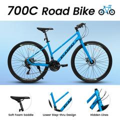 A28250 700Cx35 Road Bike with Aluminum Alloy Wheels, 21-Speed Gear System, Disc Brakes, Wide Tires – Ideal for Urban Commuting and Student Transportation
