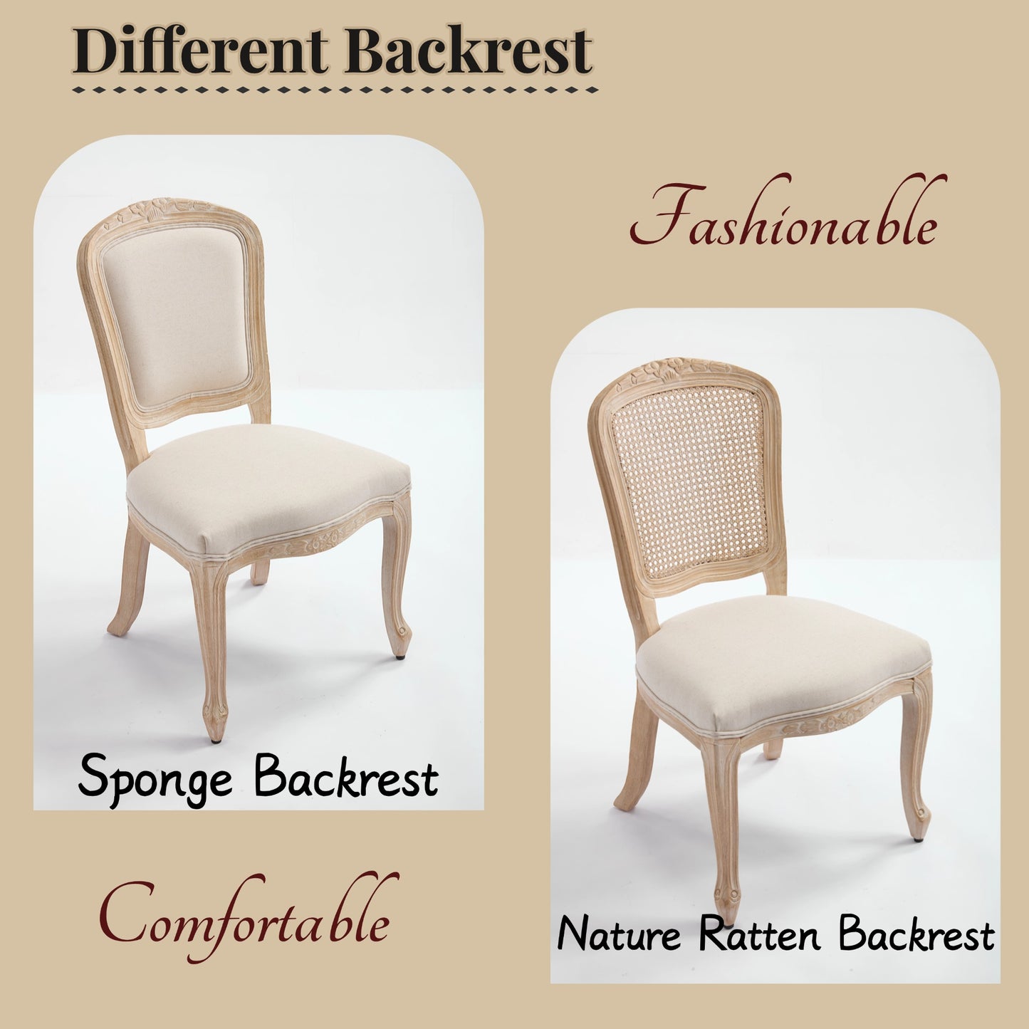 French Country Dining Chairs Set of 2, Upholstered Chairs with Fan-shaped Back, Wire drawing and carving techniques,Disassemblable, for Living Room, Kitchen, Restaurant Use, Beige image 4