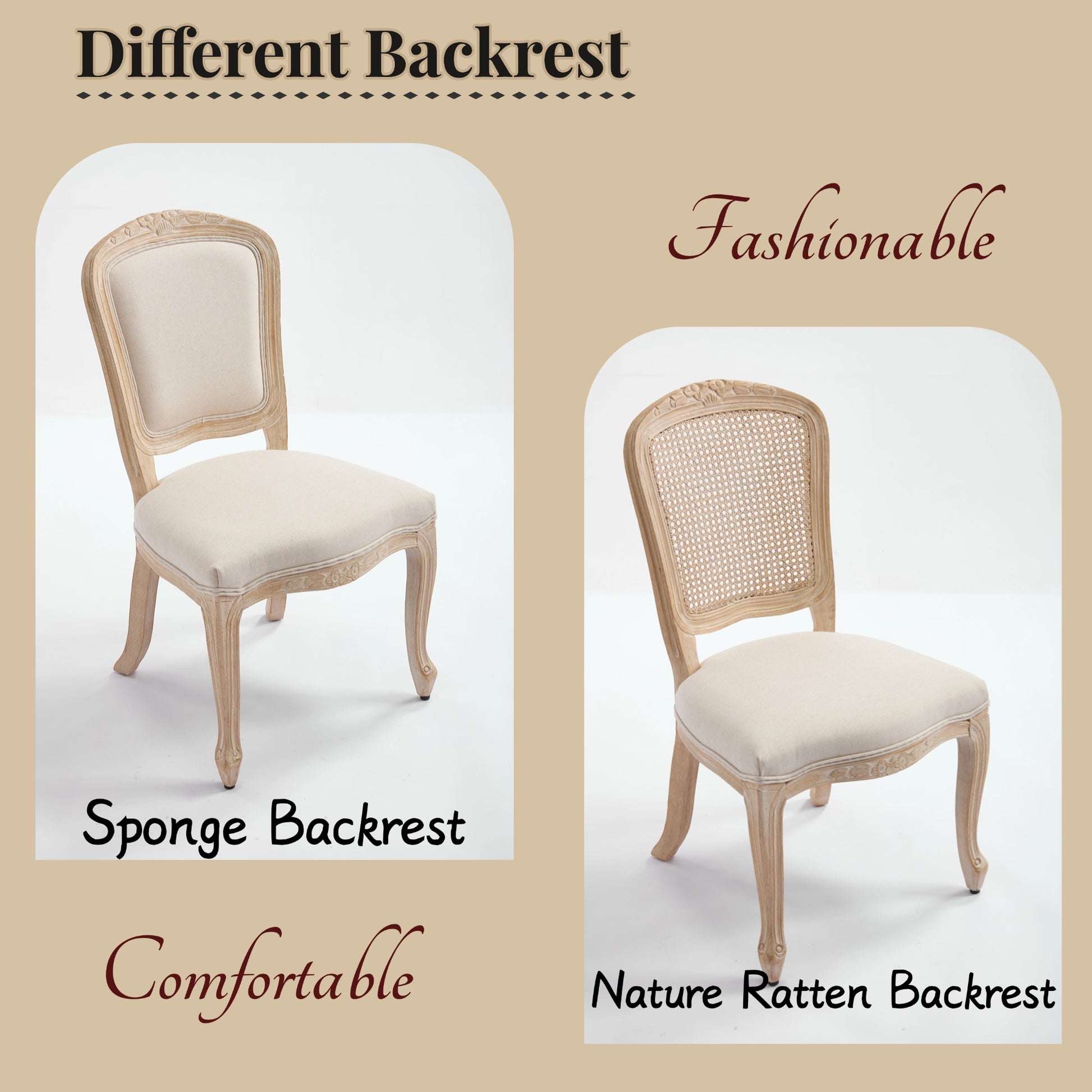 French Country Dining Chairs Set of 2, Upholstered Chairs with Fan-shaped Back, Wire drawing and carving techniques,Disassemblable, for Living Room, Kitchen, Restaurant Use, Beige image 4