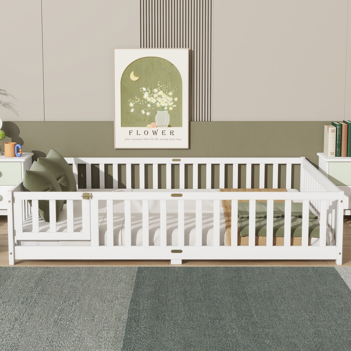 Queen Size Floor Bed with Fence,Door,Rubber Wood Floor Bed with Safety Guardrails,White image 2