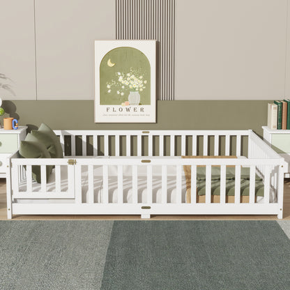 Queen Size Floor Bed with Fence,Door,Rubber Wood Floor Bed with Safety Guardrails,White image 2