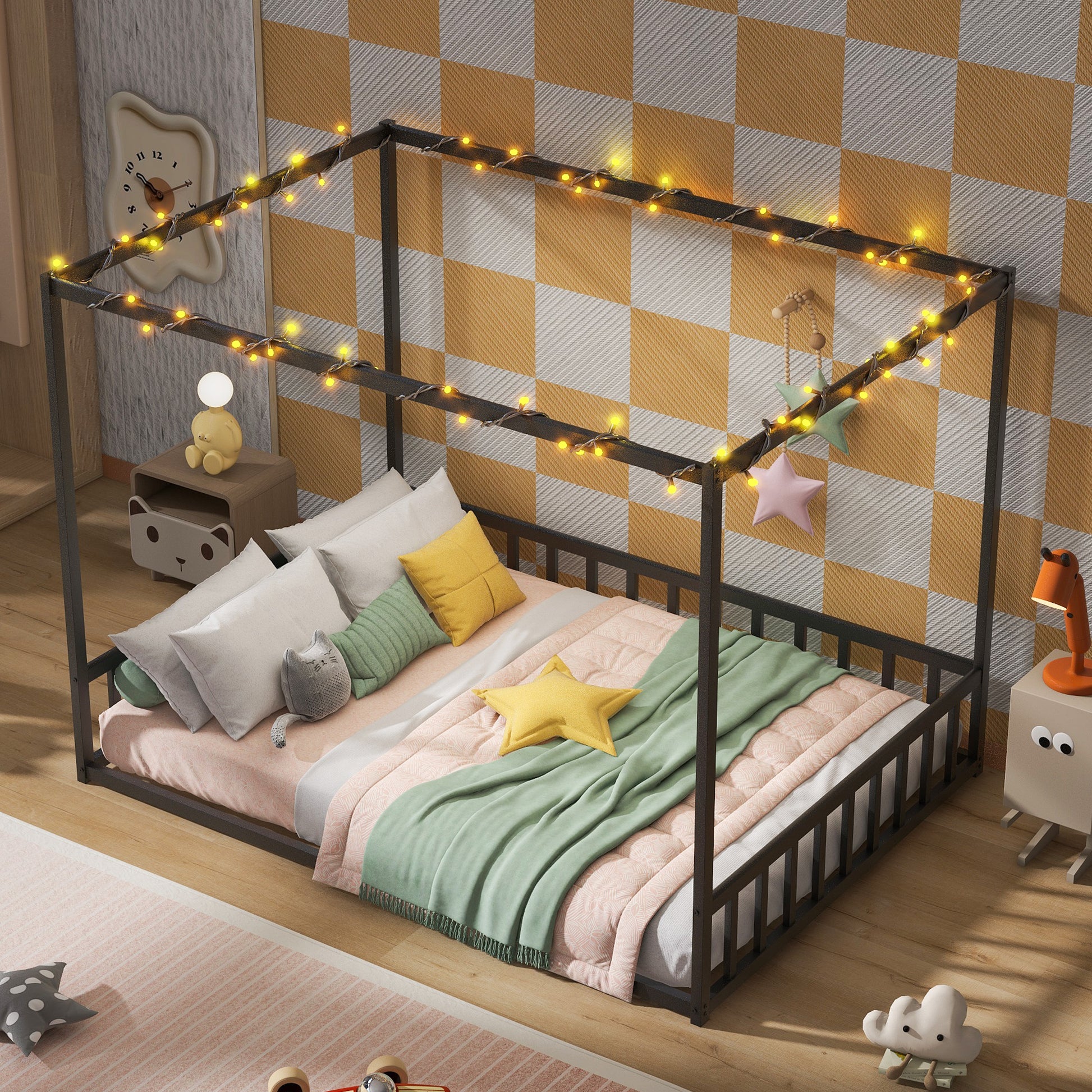 Full size sunshade floor bed, iron double-size bed frame, modern low-profile double-size bed, equipped with fence-style guardrails, black series image 3