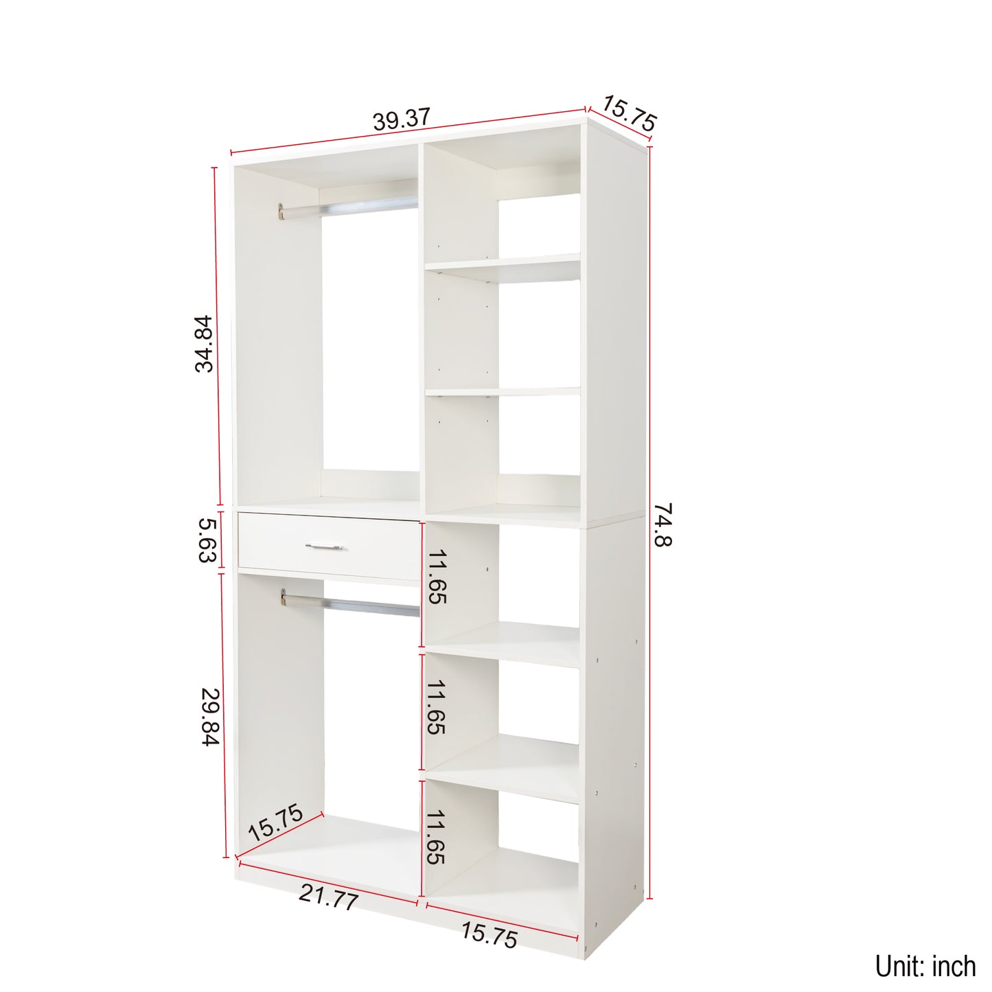 Freestanding Closet System, Stand-Alone Wardrobe with 6 open Shelves,74.8'' Heigh Closetwith 1 Wood Drawers, Wood Walk-in Closet with 2 Hanging Rod, White image 7