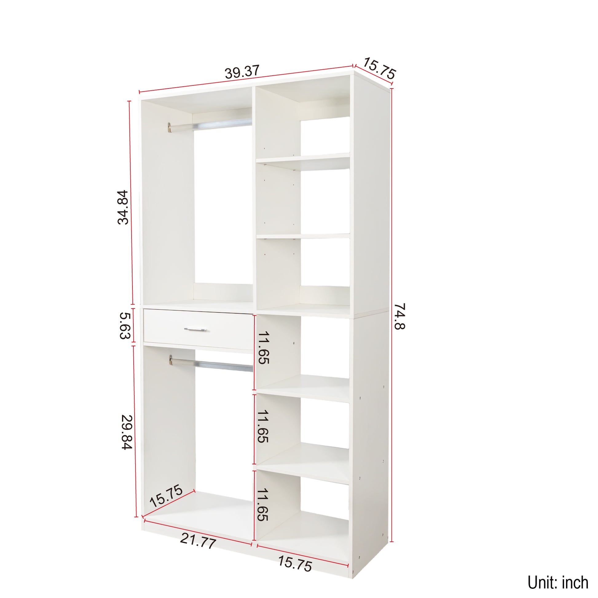 Freestanding Closet System, Stand-Alone Wardrobe with 6 open Shelves,74.8'' Heigh Closetwith 1 Wood Drawers, Wood Walk-in Closet with 2 Hanging Rod, White image 7
