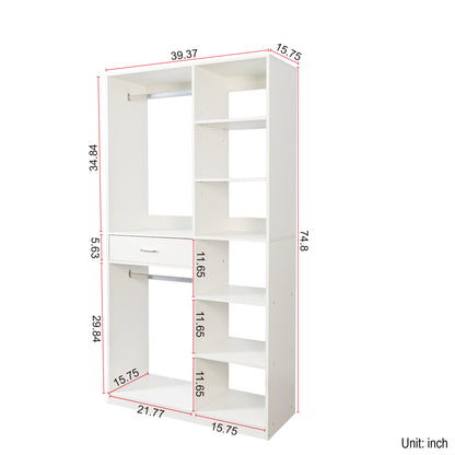 Freestanding Closet System, Stand-Alone Wardrobe with 6 open Shelves,74.8'' Heigh Closetwith 1 Wood Drawers, Wood Walk-in Closet with 2 Hanging Rod, White image 7
