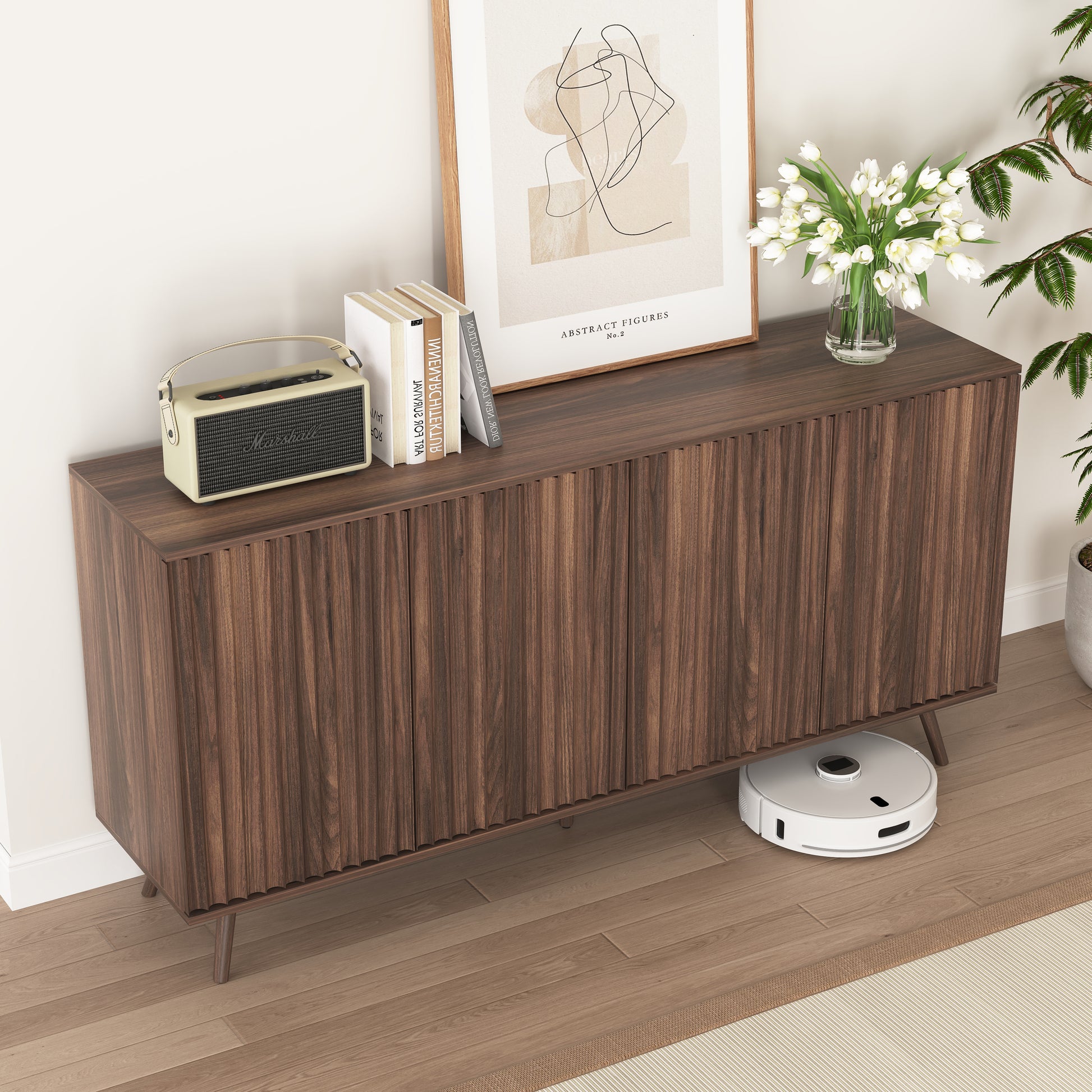 Sideboard Buffet Cabinet with Storage, Long Sideboard Storage Cabinet with 4 Doors, Wood Credenza Console Coffee Bar Cabinets with Adjustable Shelves for Living Room Kitchen Dining Room Walnut image 8