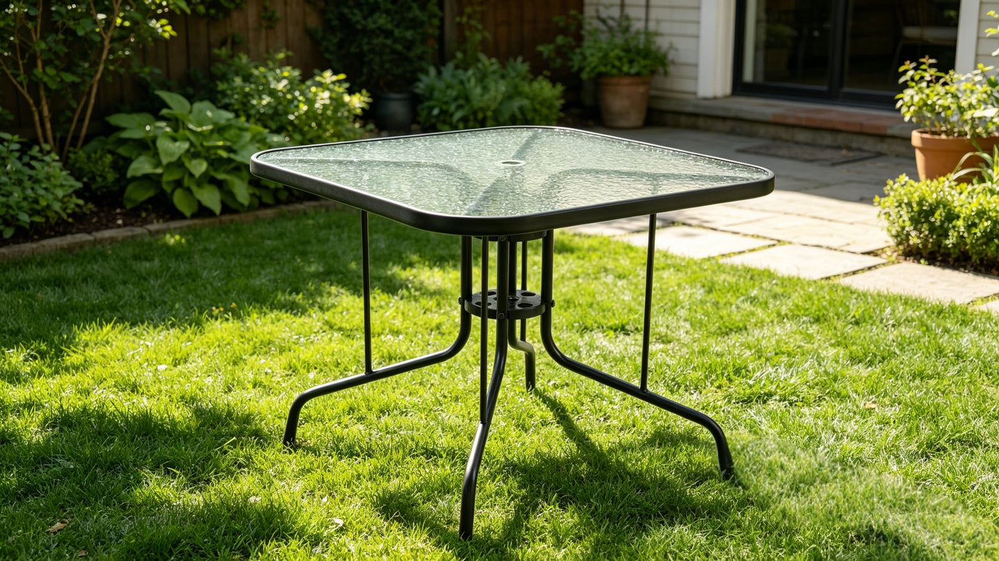 Tangkula 35 Inch Patio Dining Table with Tempered Glass Top, Square 4-Person Outdoor Bistro Table with 1.5" Umbrella Hole & Sturdy Metal Frame, Patio Dining Table for Backyard, Lawn, Deck & Poolside image 1