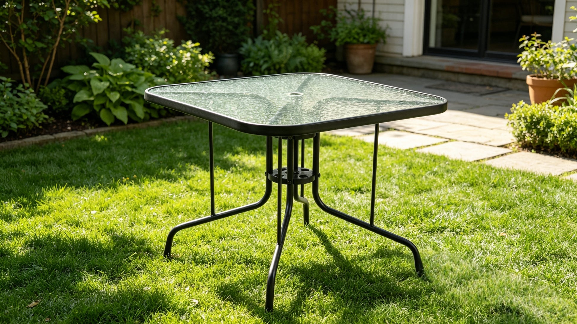 Tangkula 35 Inch Patio Dining Table with Tempered Glass Top, Square 4-Person Outdoor Bistro Table with 1.5" Umbrella Hole & Sturdy Metal Frame, Patio Dining Table for Backyard, Lawn, Deck & Poolside image 1