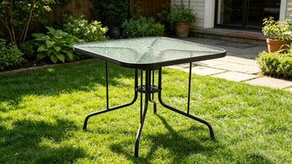 Tangkula 35 Inch Patio Dining Table with Tempered Glass Top, Square 4-Person Outdoor Bistro Table with 1.5" Umbrella Hole & Sturdy Metal Frame, Patio Dining Table for Backyard, Lawn, Deck & Poolside image 1