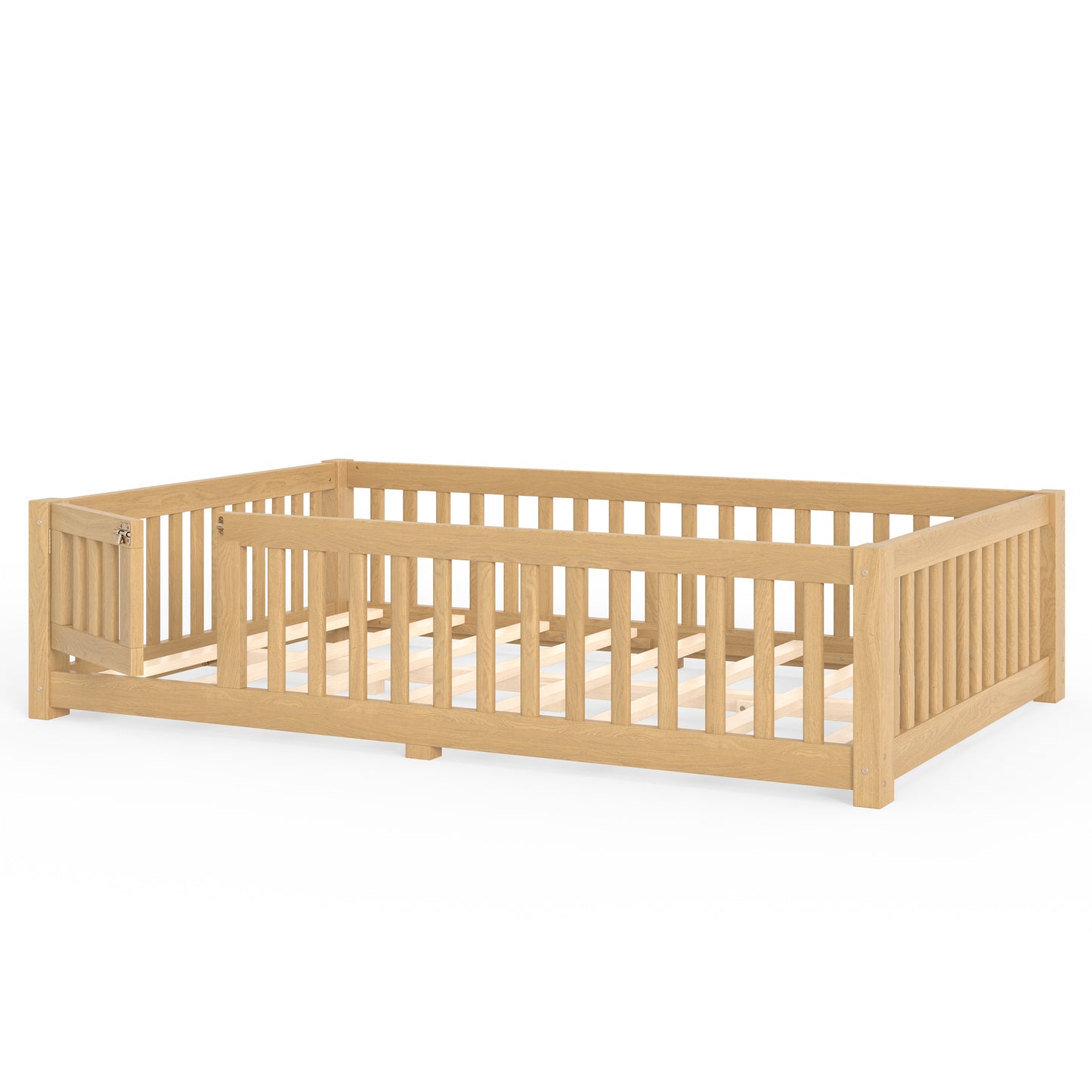 Full Size Bed Floor Bed with Safety Guardrails and Door for Kids, Natural image 11