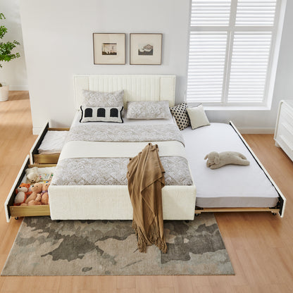 Queen Size Vertical Channel Tufted Headboard & Nailhead Trim Space Saving Upholstered Bed, Multi-functional Design with 2 Storage Drawers and Pull-out Trundle Bed, Chenille image 5