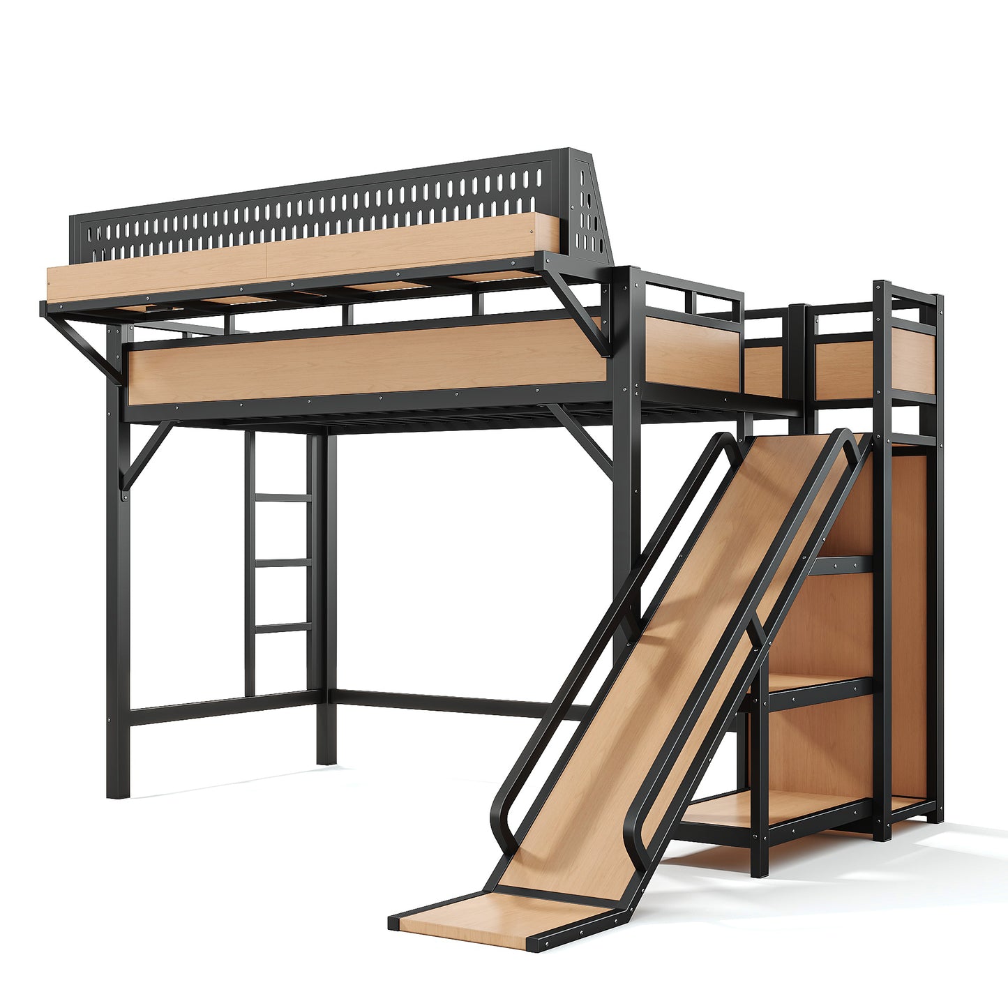 Twin XL Size Loft Bed with Slide, Storage Shelves and Built-in Wardrobe, Metal Loft Bed Frame with USB Ports and LED Lights, with Pegboard, Safety and Solid, Natural image 11