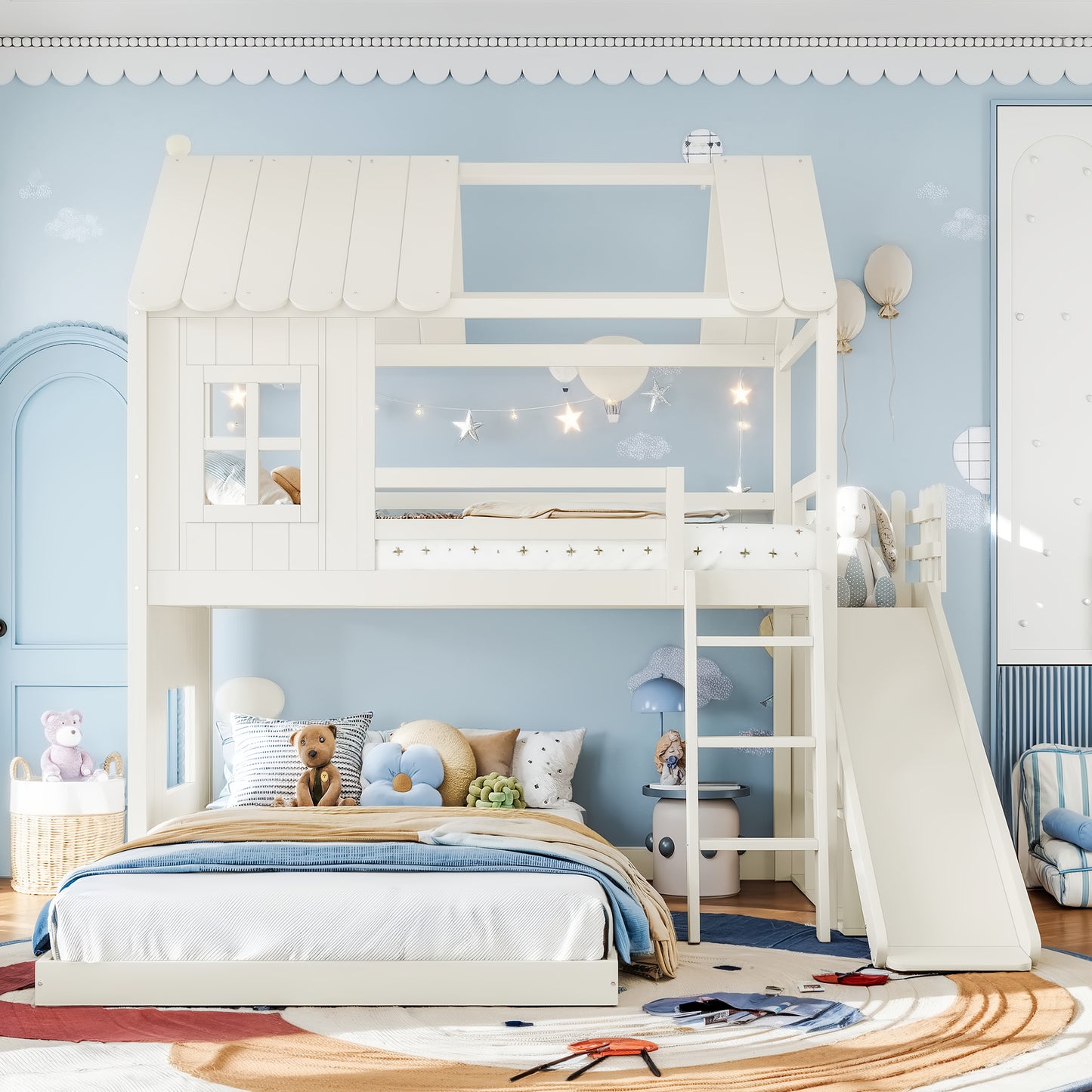 Twin over Full House Bunk Bed with Ladders and Slides, House Floor Bunk Bed with Storage Shelves and Wardrobe, Playhouse Design,Beige image 3