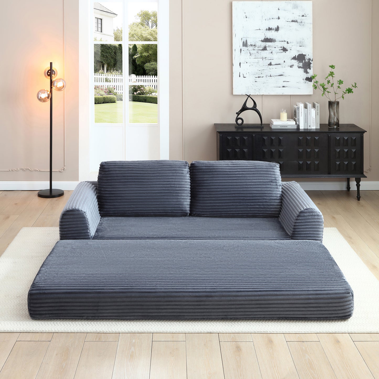 2-in-1 Folding Convertible Sofa Bed, Modern Corduroy Sleeper Couch with 2*pillows, Futon Modular Upholstered Boneless Sofa with Pull-Out Bed,Folding Floor Modular Couch for Living Room Grey image 4