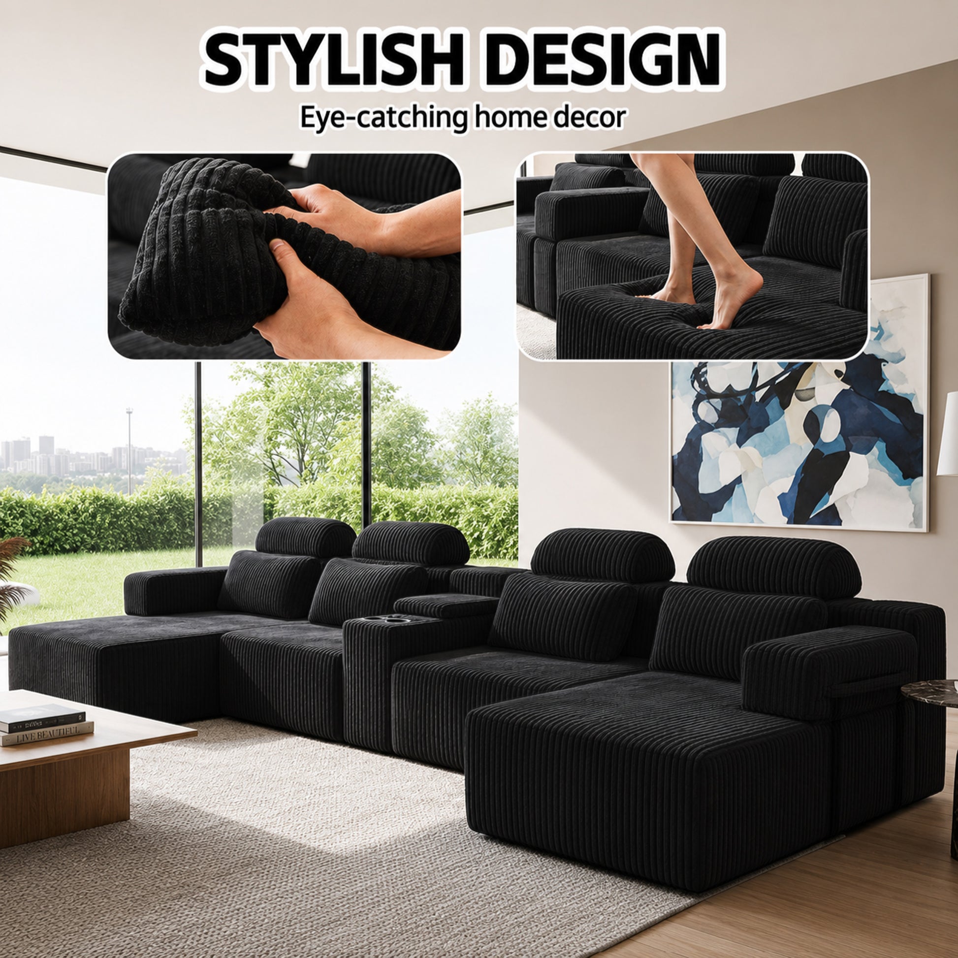 Modern Black corduroy 6-seater U-shaped sofa with lounge chair and cup holder -145.7 inch oversized modular compression sofa, suitable for home theaters, luxury living spaces, tool free assembly image 4